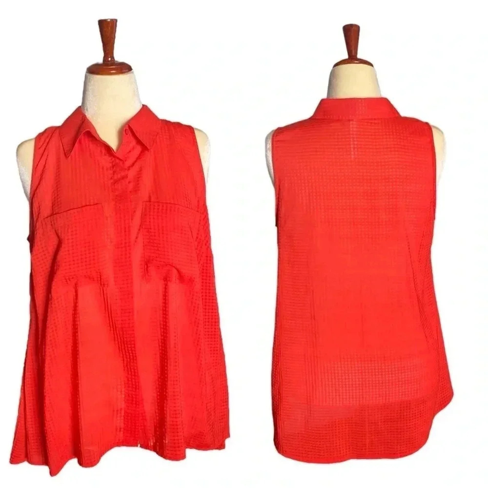 NY COLLECTIONS | Women’s Orange Sleeveless Button Down Sheer Blouse Size 1X - Picture 6 of 11